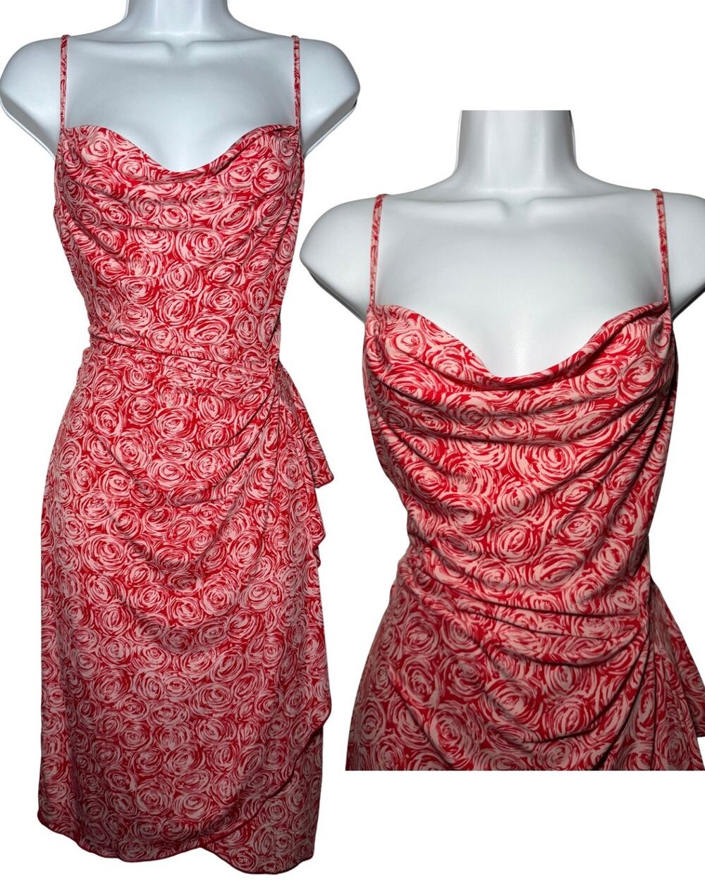 Vintage Y2K BCBG Max Azria Rose Floral Cowl Neck Midi Dress Red Pink M